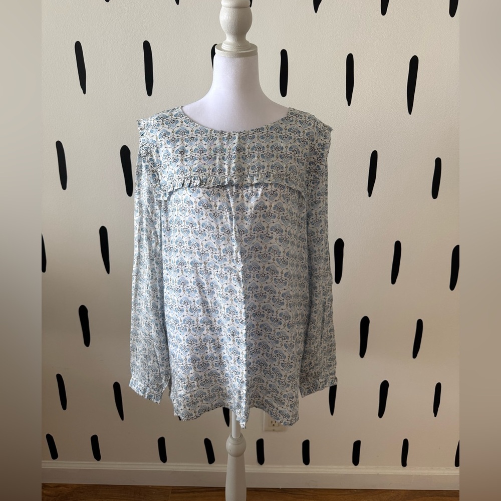 LOFT Light Blue Floral Ruffle-Trim Long Sleeve Blouse